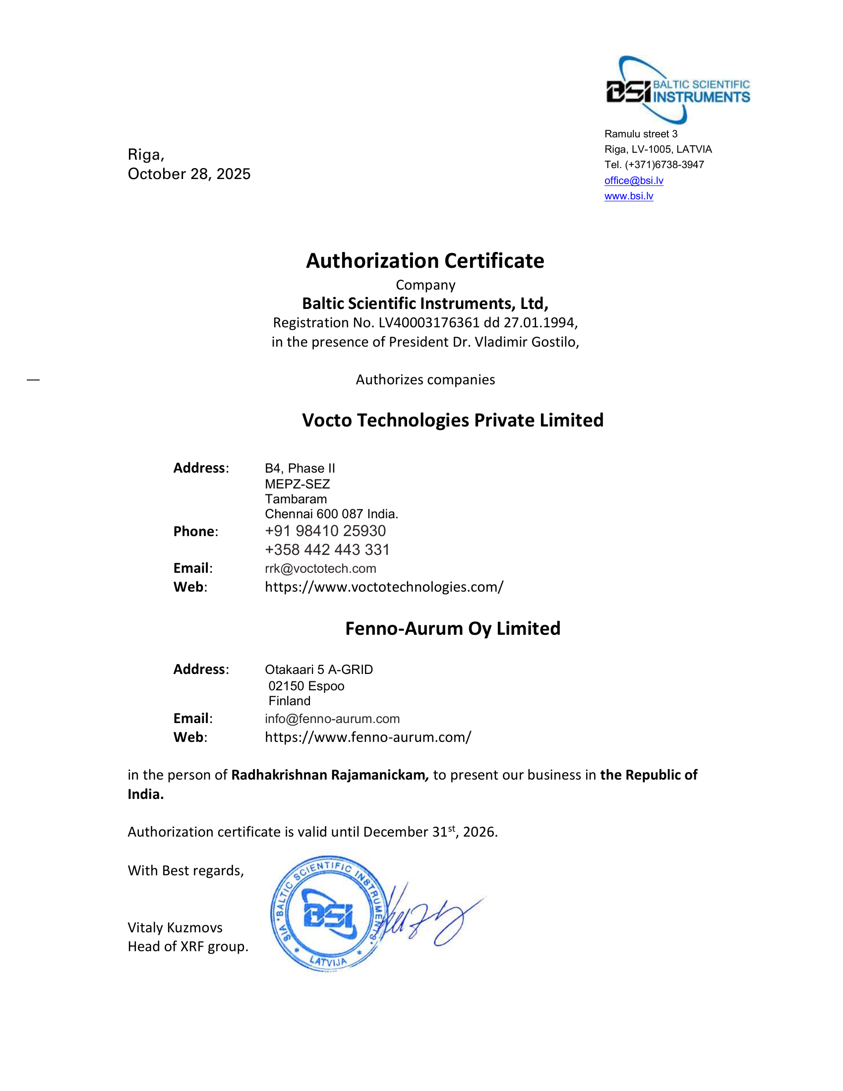 BSI Authorization Certificate — Vocto Technologies