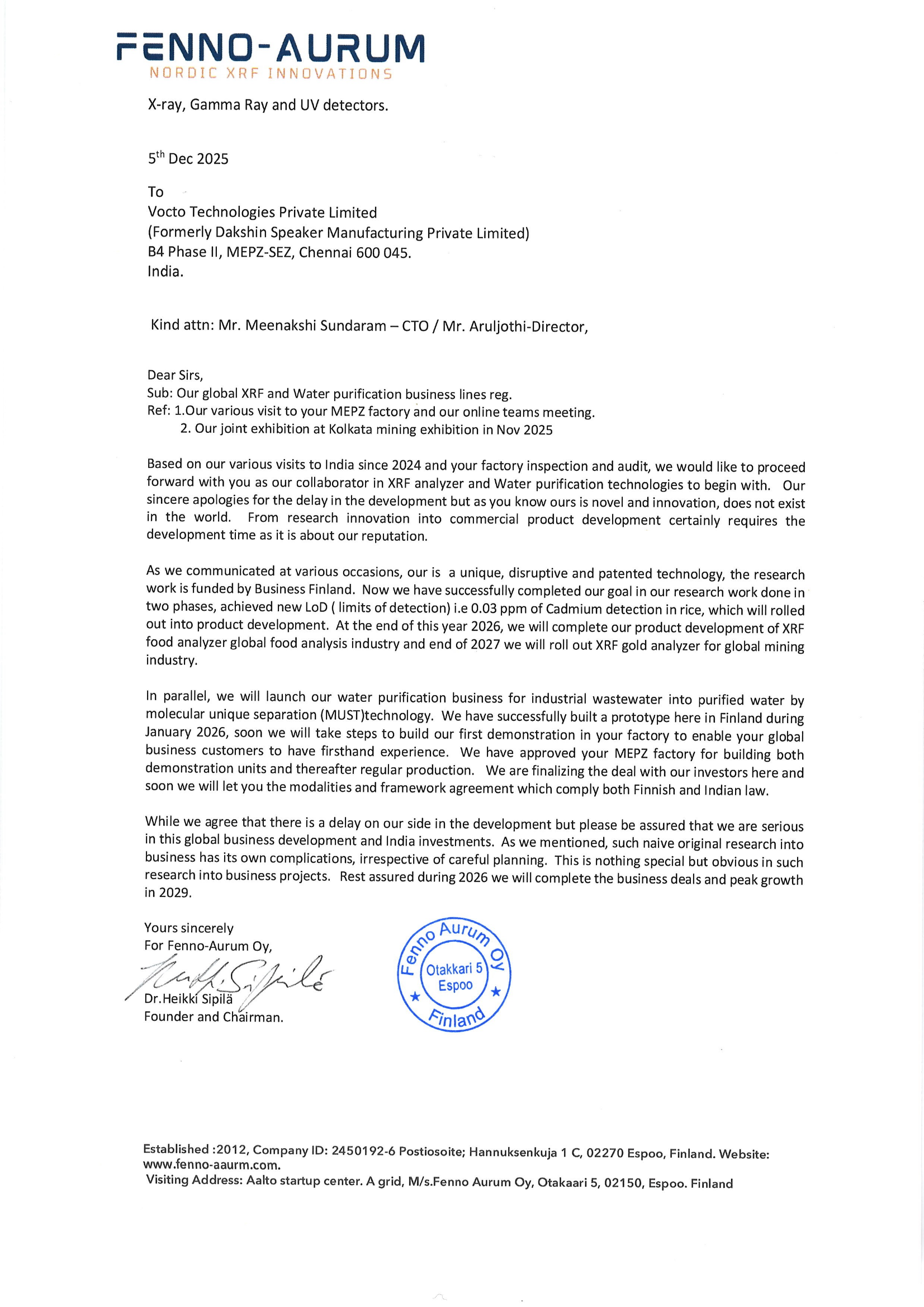 Fenno-Aurum Partnership Letter — Vocto Technologies