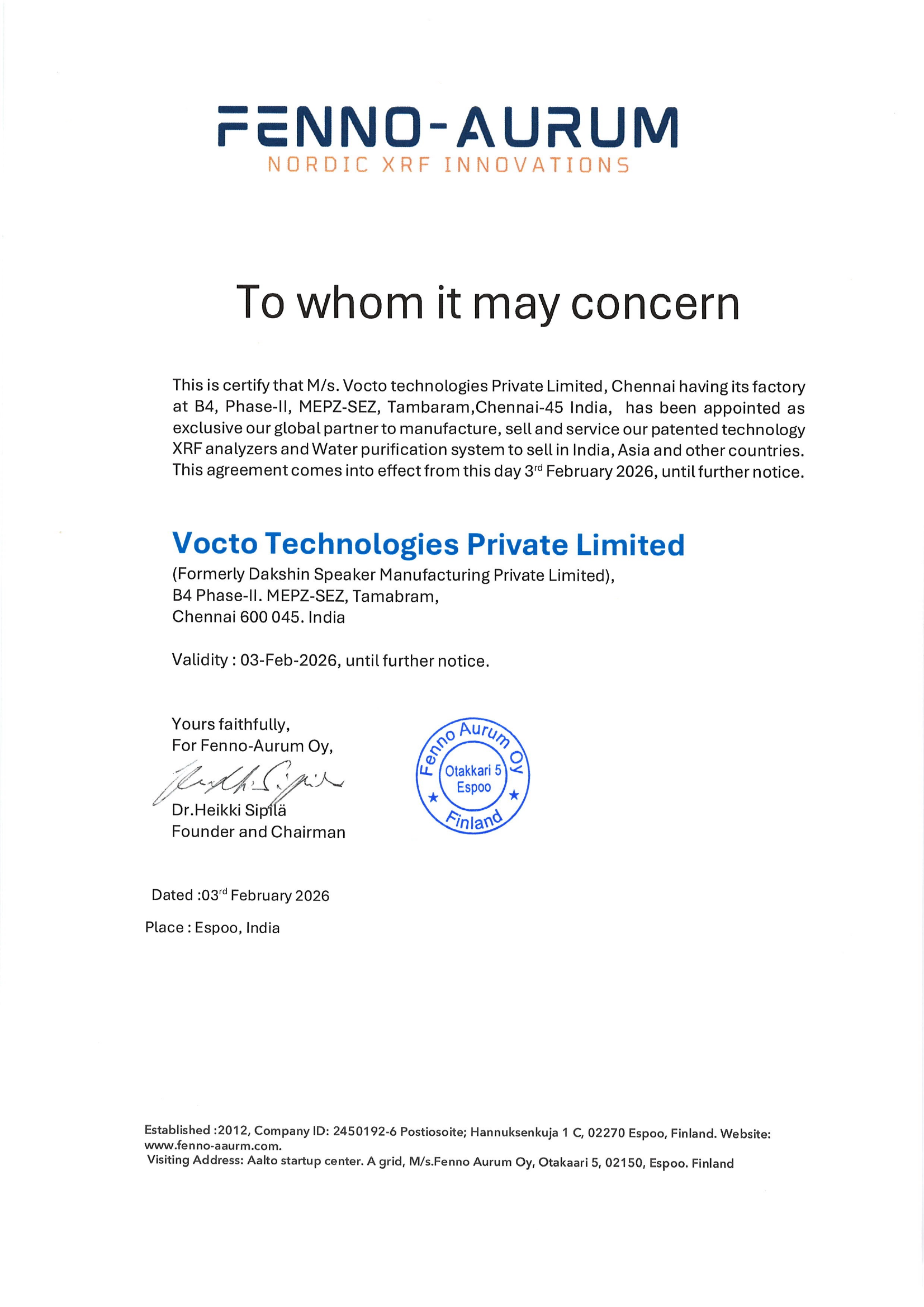 Fenno-Aurum Distributorship Certificate — Vocto Technologies